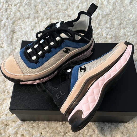 CHANEL Shoes - Chanel Beige Light Pink Blue Fabric Suede Sneakers 38